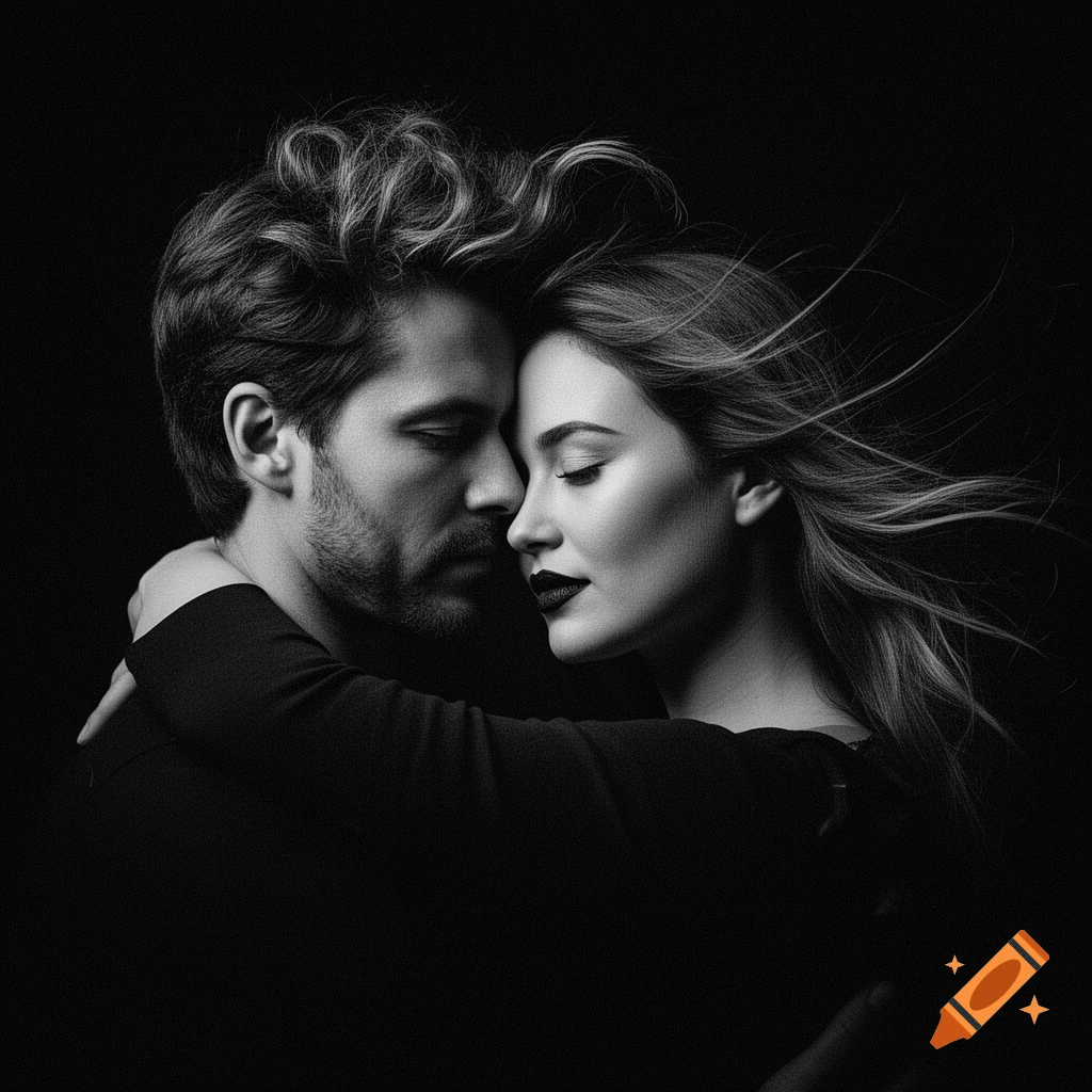 High-contrast black and white portrait of a man and woman embracing, eyes closed, with vibrant red lips.