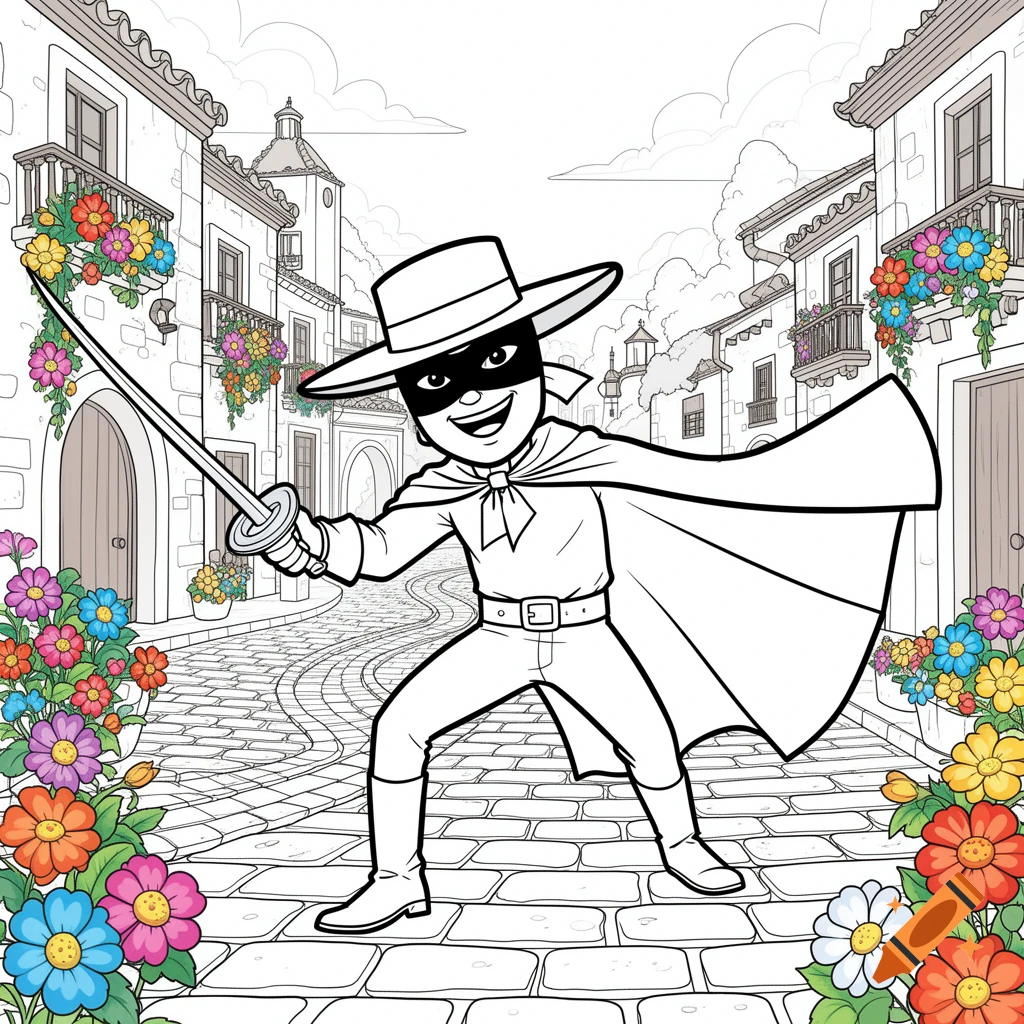 Black and white cartoon coloring page of Zorro with a sword in a flower-filled Spanish town.