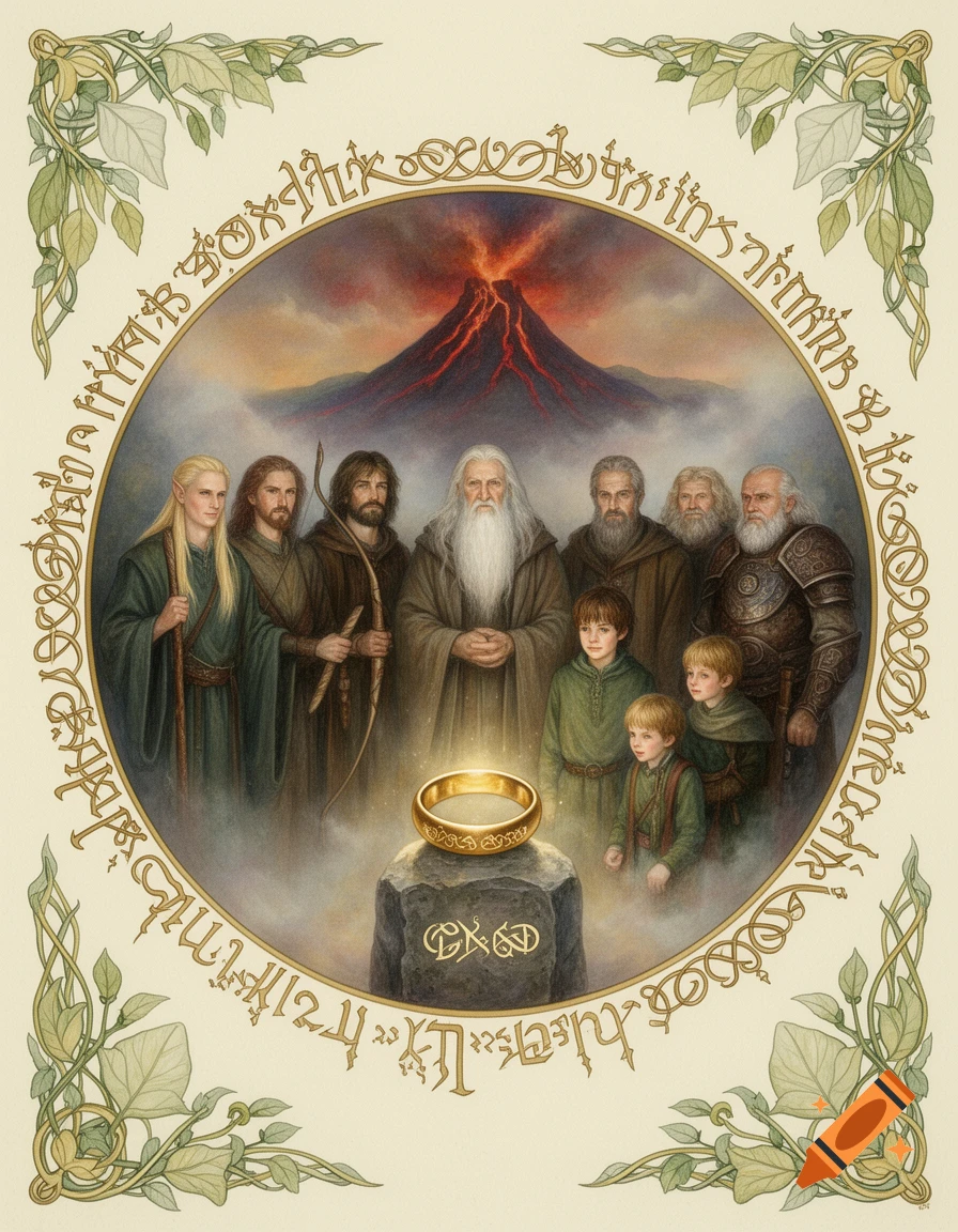 An elven-style painting depicts the Fellowship of the Ring, including Gandalf, Aragorn, Legolas, Gimli, Boromir, Frodo, Sam, Merry, and Pippin, gathered around the glowing One Ring on a stone, with Mount Doom in the background. Ornate Elvish script frames the circular scene, bordered by green Lothlórien-inspired foliage.