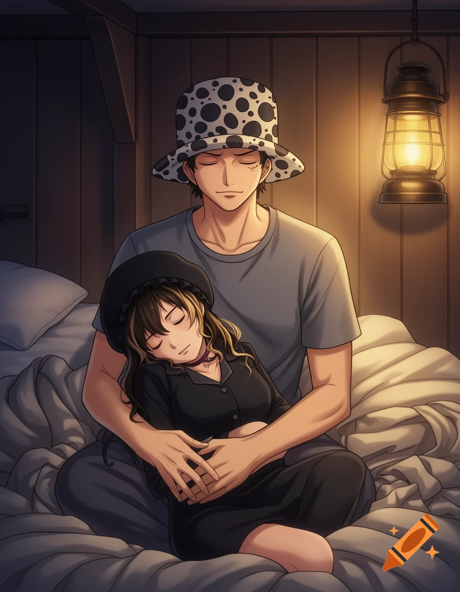 Anime illustration of Trafalgar Law from One Piece gently holding a sleeping teenage girl named Julissa in a cozy ship cabin, lit by a warm lantern.