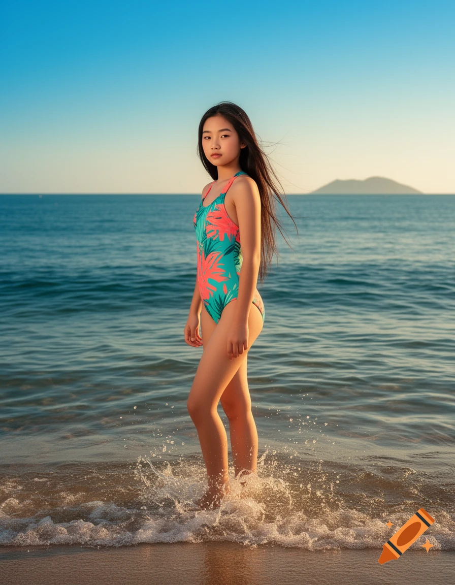 Young Asian girl in a colorful swimsuit stands in shallow ocean water on a sunny beach, looking forward.