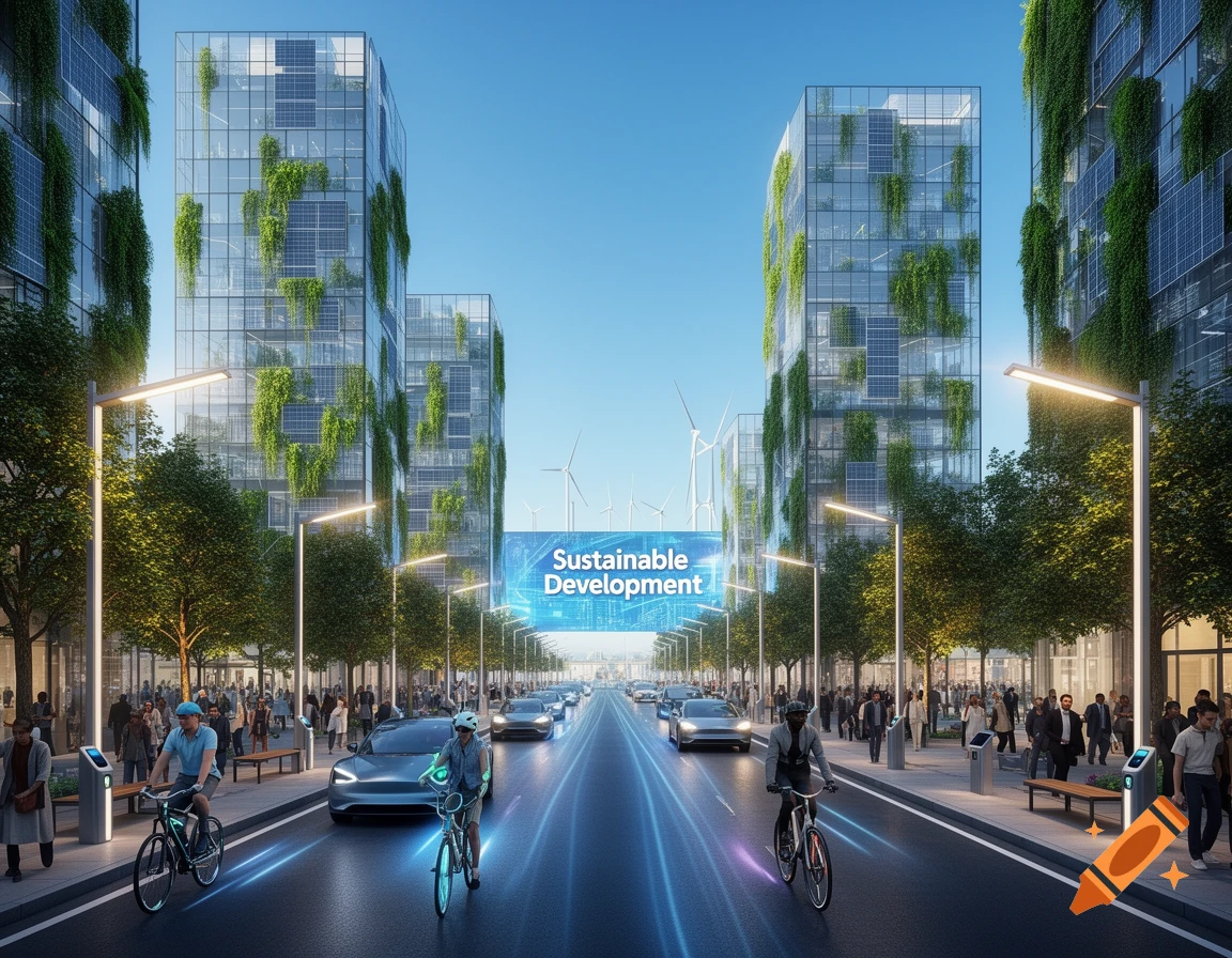 Photorealistic view of a futuristic green city with skyscrapers, solar panels, and wind turbines. People bike and walk on a street with "Sustainable Development" banner.