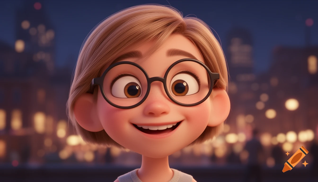 A smiling Pixar-style animated girl with short brown hair and round glasses, against a blurred nighttime city.
