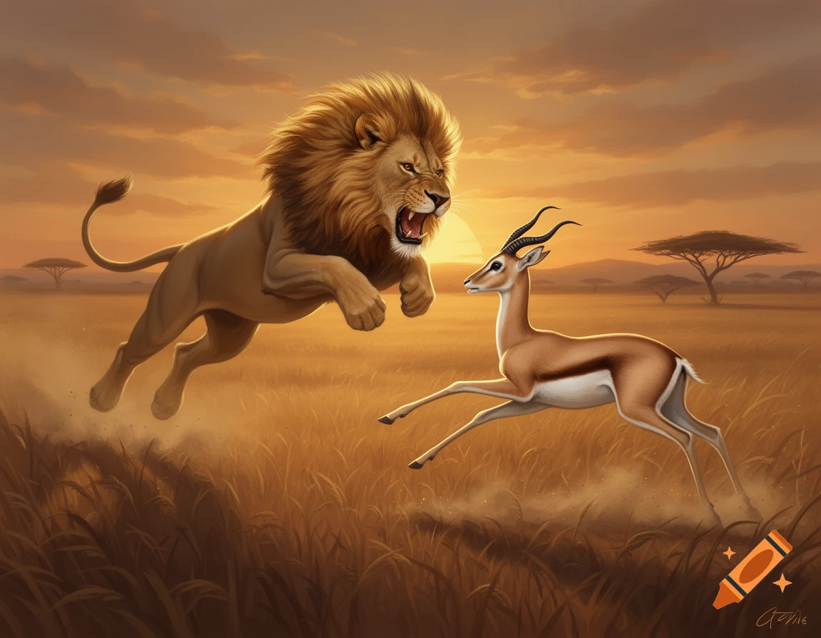 A powerful lion leaps towards a gazelle in a dynamic chase across a golden savanna at sunset.