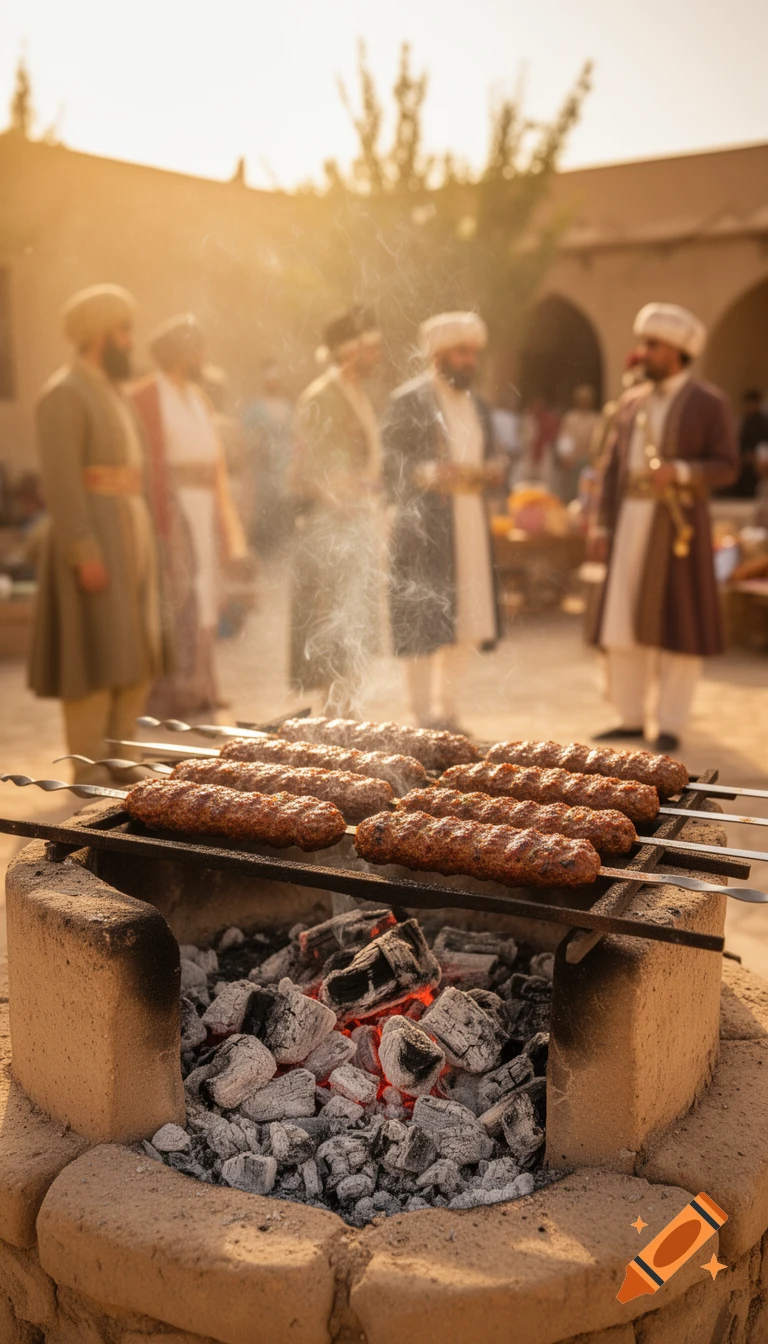 Skewers of Persian koobideh kebabs grill over charcoal in warm daylight, with men in traditional attire blurred in the background of an old Iranian village scene.