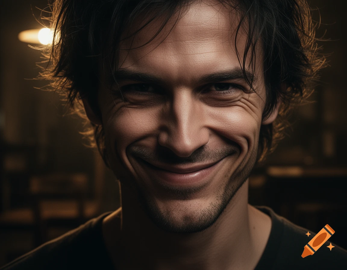 A close-up, photorealistic portrait of a man with dark hair, looking directly at the viewer with a crooked, sinister smile.