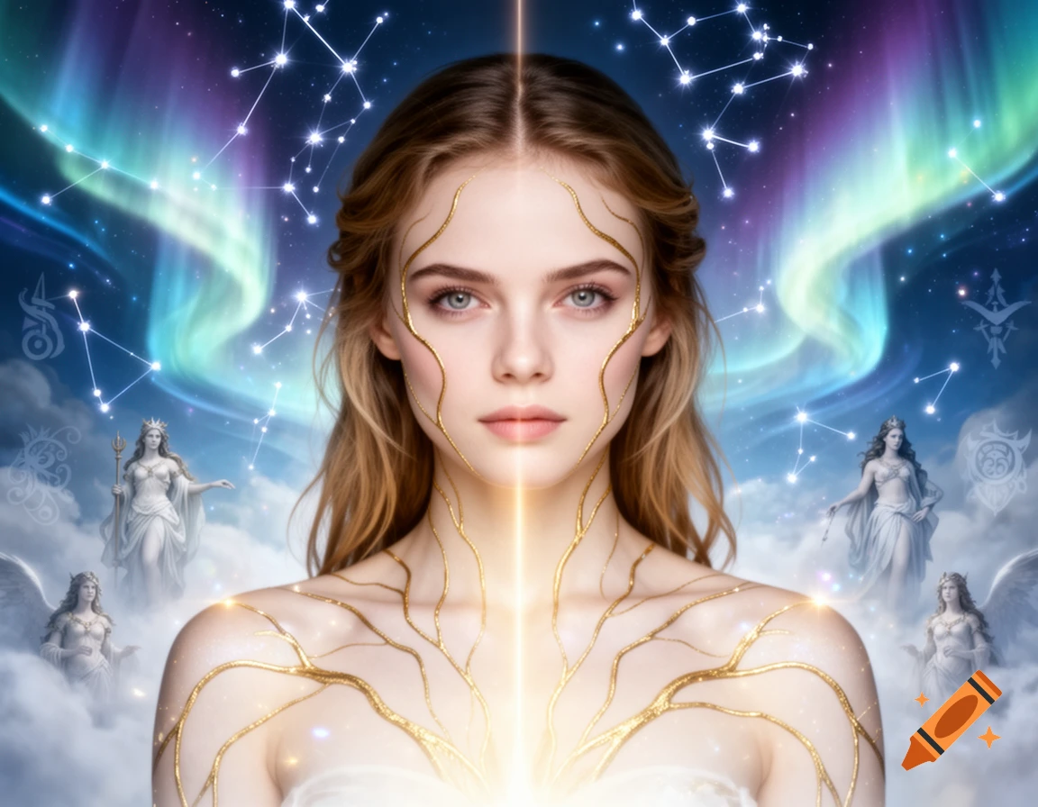 A photorealistic depiction of a woman with golden lines on her skin, glowing brightly, set against an aurora, constellations, and ancient statues.