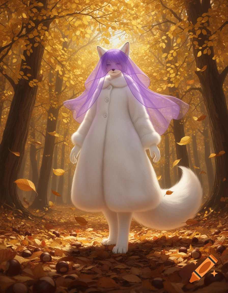 An anthropomorphic fox girl in a white fur coat and purple veil stands in an autumn forest among fallen leaves.