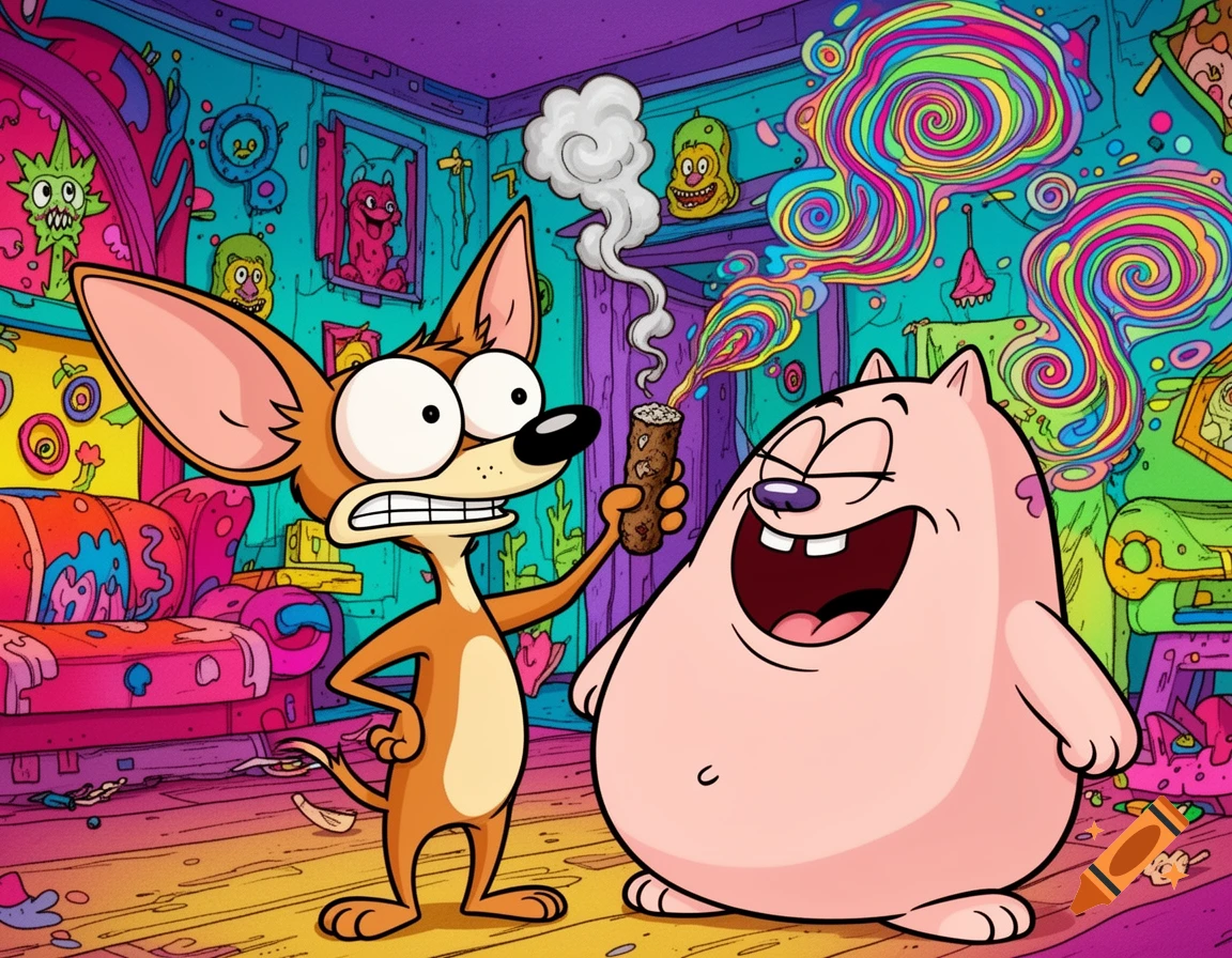 A cartoon chihuahua-like dog holds a lit joint, blowing psychedelic smoke swirls next to a laughing pink creature in a vibrant, trippy room.