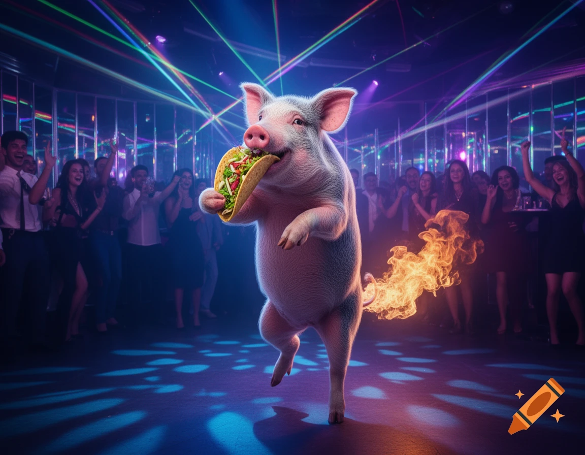 A photorealistic pig dances in a nightclub, eating a taco and farting flames, surrounded by dancing people and laser lights.