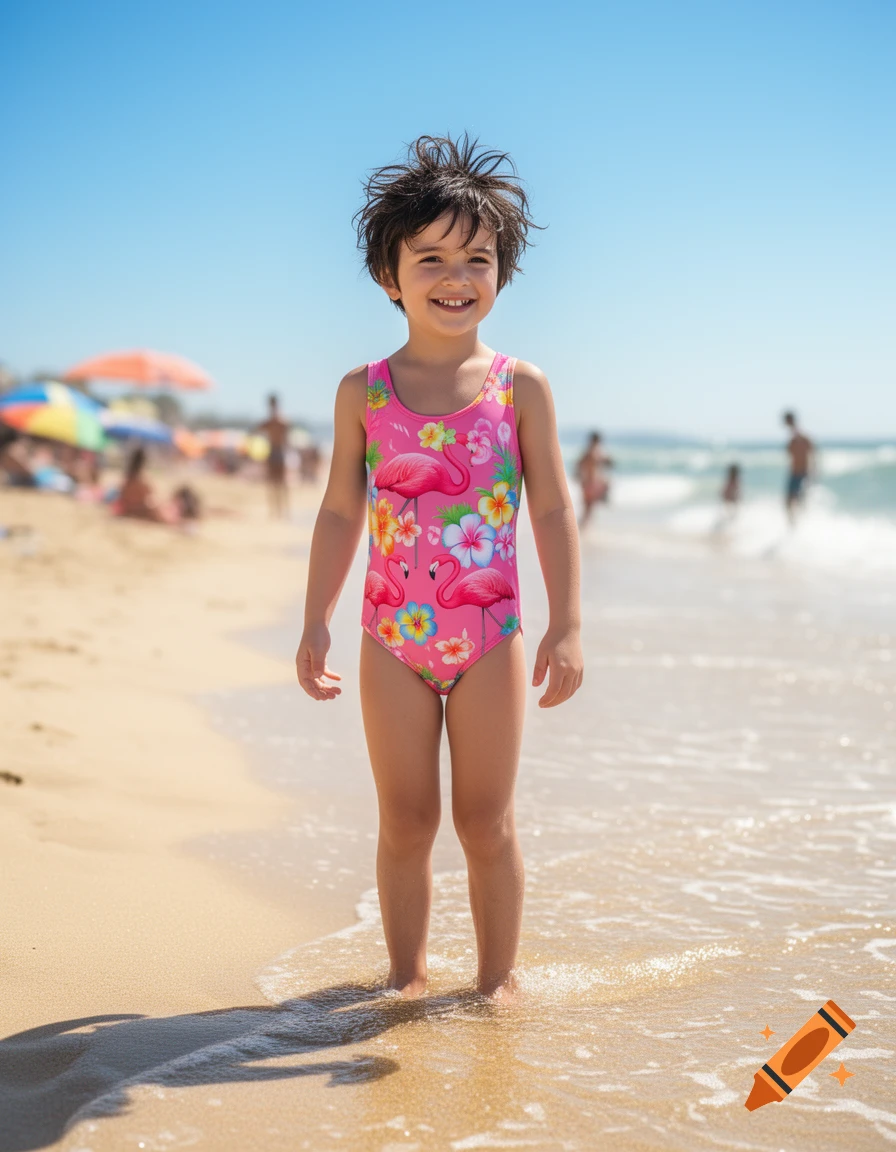 A smiling young child in a pink flamingo swimsuit stands in the shallow ocean water on a sunny beach.