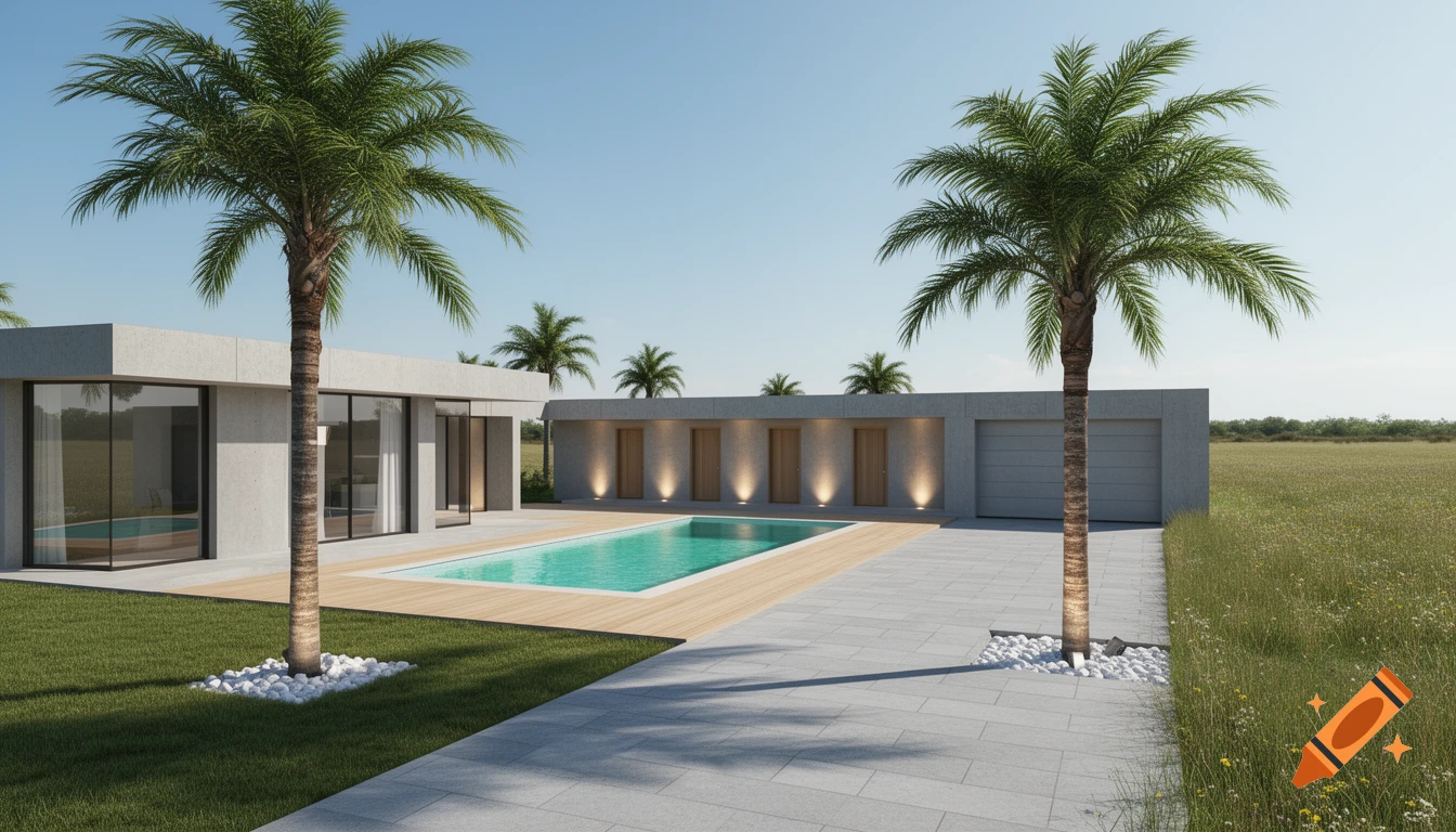 Photorealistic 3D render of a modern concrete villa with a turquoise pool, palm trees, and a natural field under a sunny sky.
