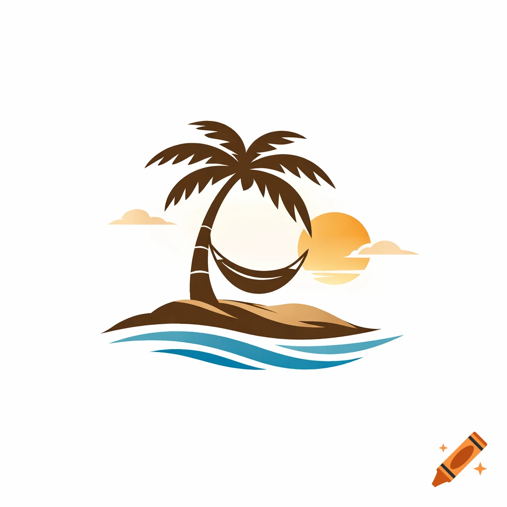 Stylized logo of a tropical island with a palm tree, hammock, sun, and ocean waves.