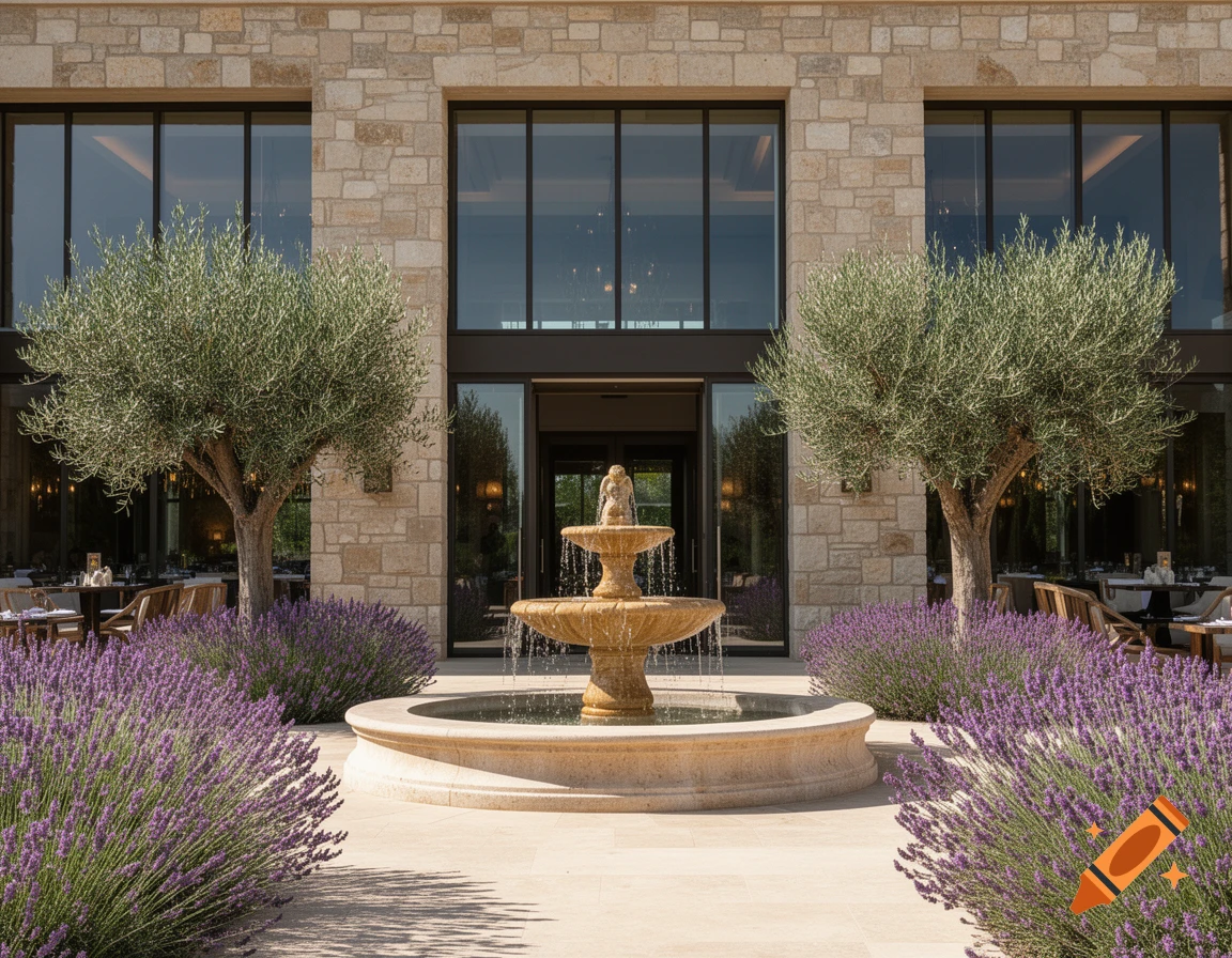 Elegant stone restaurant entrance with a tiered fountain, flanked by olive trees and purple lavender bushes, on a sunny day.