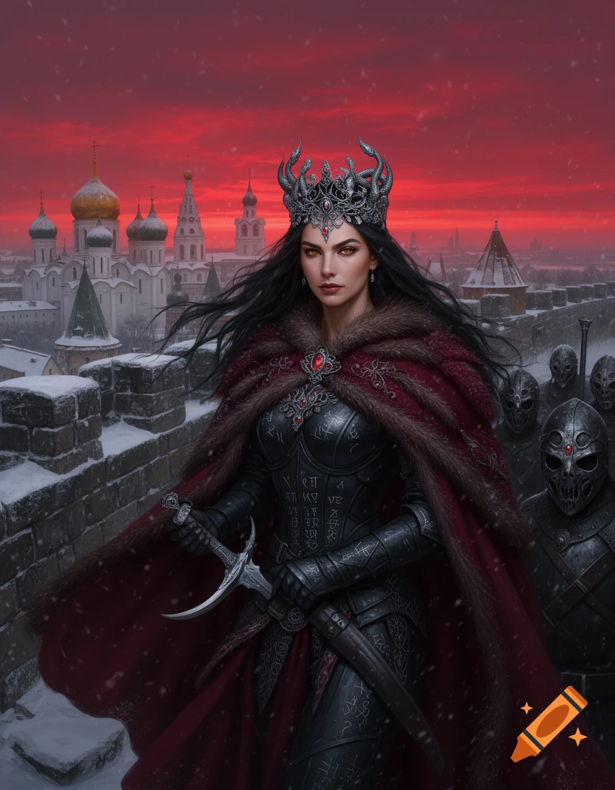 A dark queen in obsidian armor and a crimson fur cloak stands on snowy castle ramparts under a blood-red sky, with masked guards behind her.
