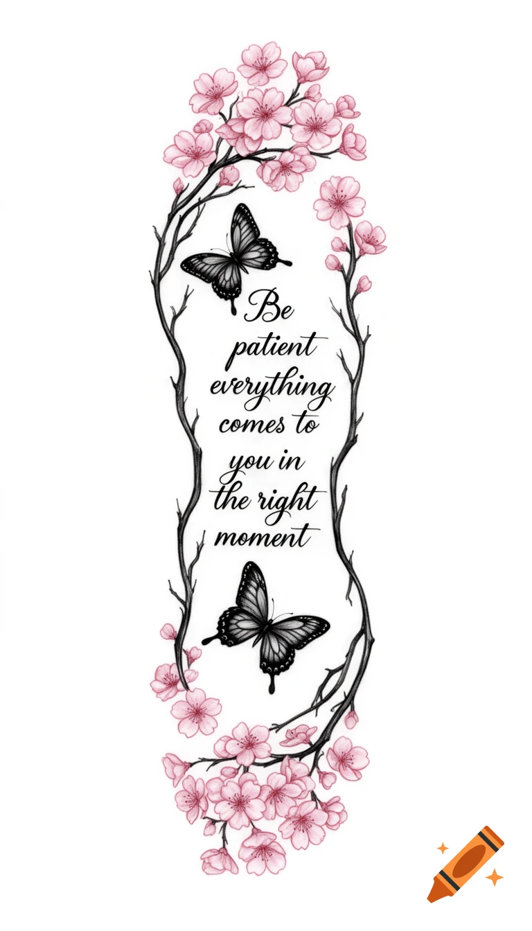 Vertical tattoo design with pink cherry blossoms, black branches, two black butterflies, and the elegant cursive quote 'Be patient everything comes to you in the right moment'.