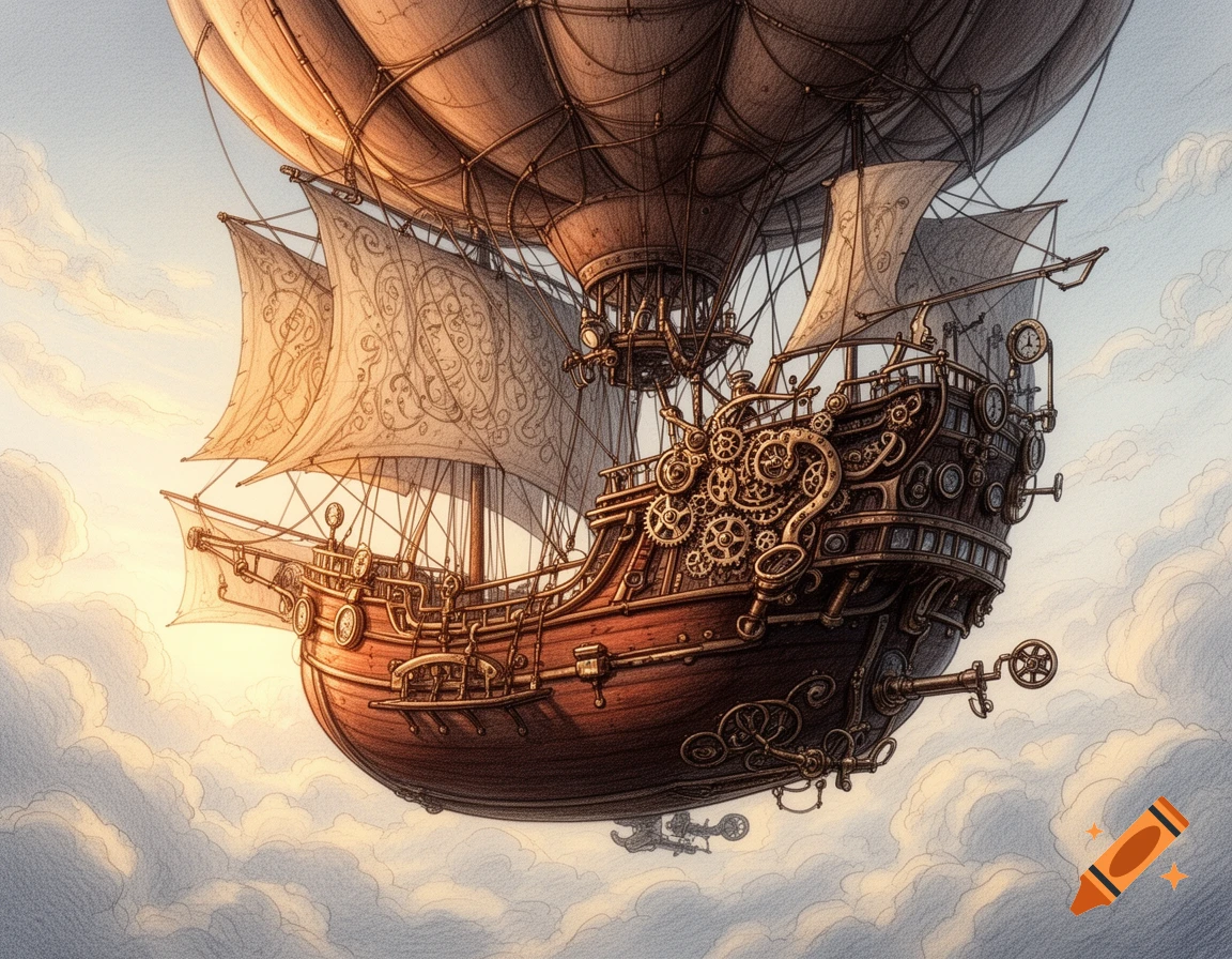 Detailed sketch of a steampunk airship with sails flying high above clouds.
