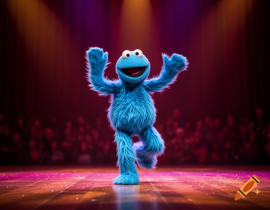 A blue, fuzzy muppet-like character with wide eyes and a smile dances energetically on a brightly lit wooden stage.