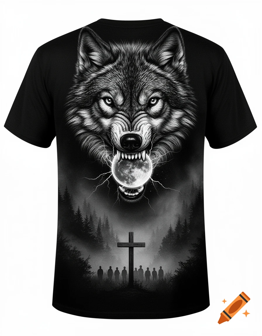 Black and white t-shirt design with an aggressive wolf holding the moon, above a misty forest scene with a cross and silhouettes, in a gothic engraving style.