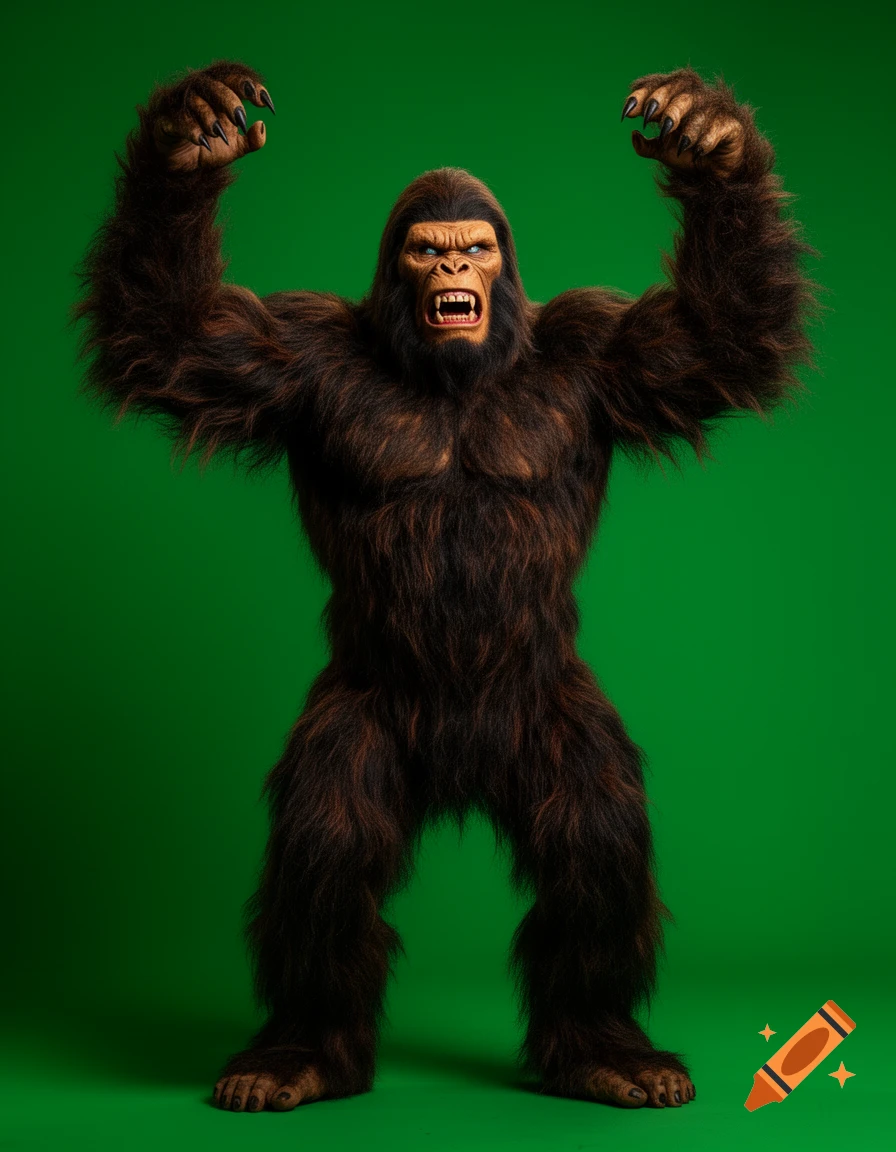 A photorealistic Bigfoot creature stands full-length on a green screen, growling with sharp teeth and raised clawed hands.