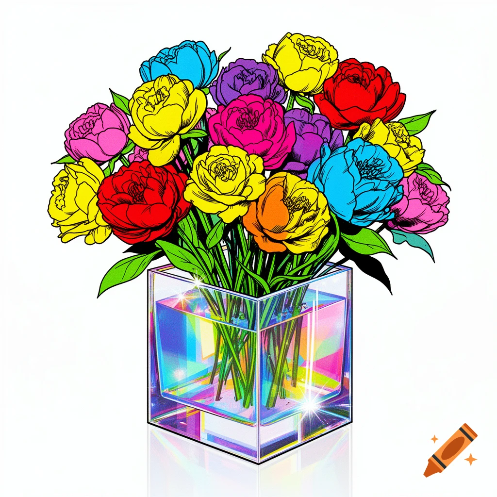 A vibrant pop art illustration of a bouquet of colorful flowers in a holographic cubic vase on a white background.
