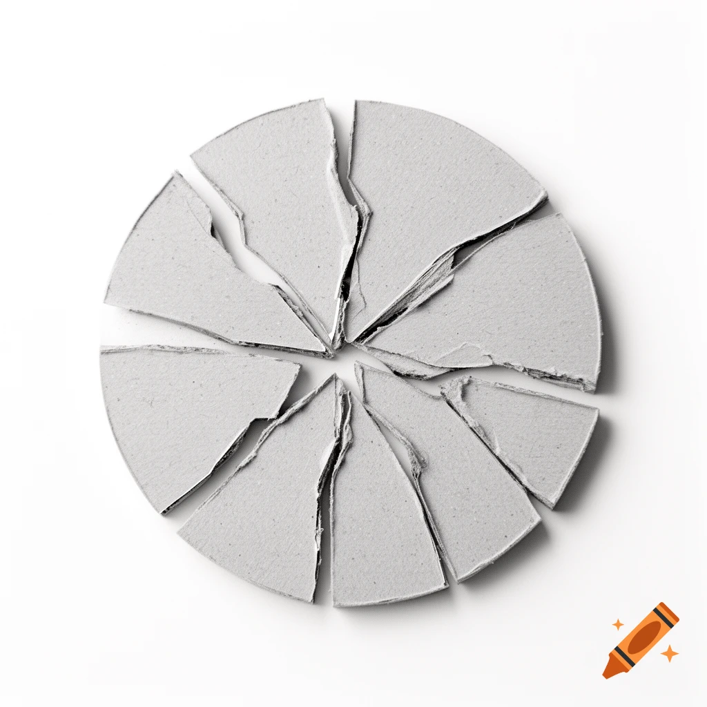 A top-down view of a light grey cardboard circle broken into uneven, separated segments with rough edges, on a white background.