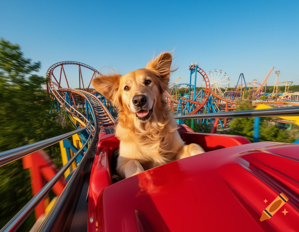 A happy Golden Retriever dog rides in the front car of a red rollercoaster at an amusement park on a sunny day.