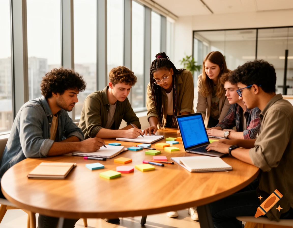 A diverse group of young adults working and writing around a table with a laptop and sticky notes in a bright modern room.