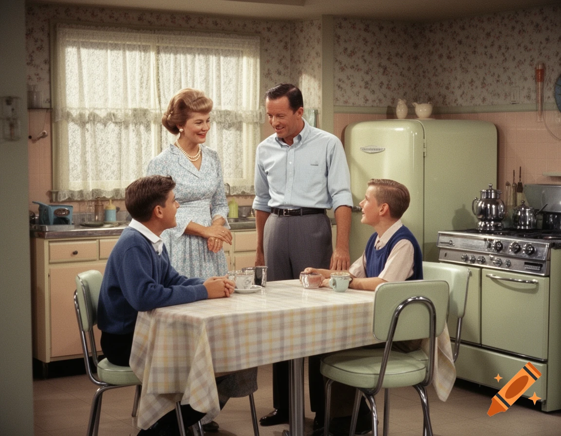 A smiling family with a mother, father, and two sons gathered around a table in a retro 1950s kitchen.
