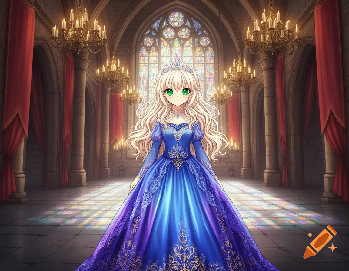 Anime girl in a blue and purple gown with a tiara stands in a grand castle hall with stained glass and chandeliers.