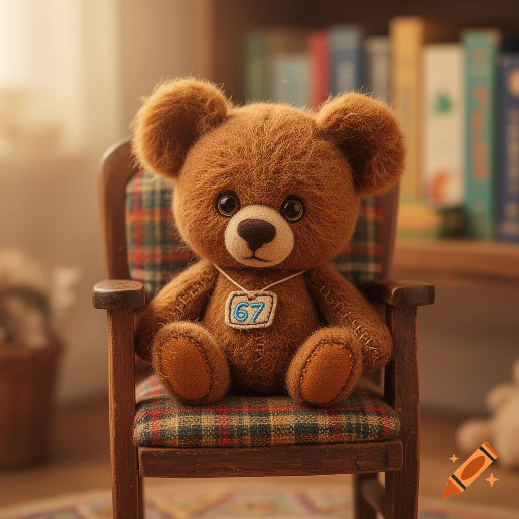 A fluffy brown teddy bear with '67' on its chest sits on a plaid chair in a warm room.
