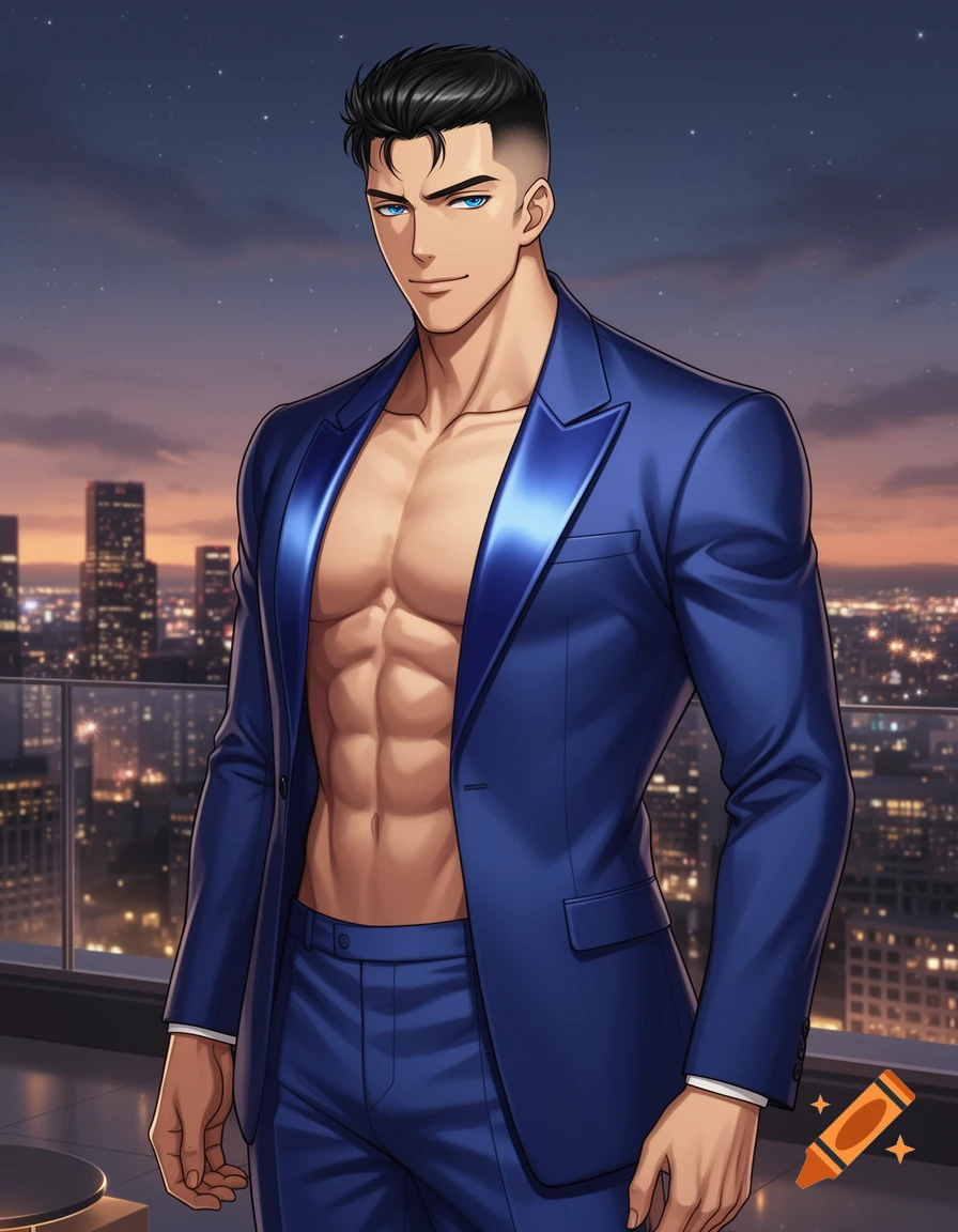 Anime-style muscular man in an open blue suit jacket and pants, shirtless, posing on a city rooftop at dusk.