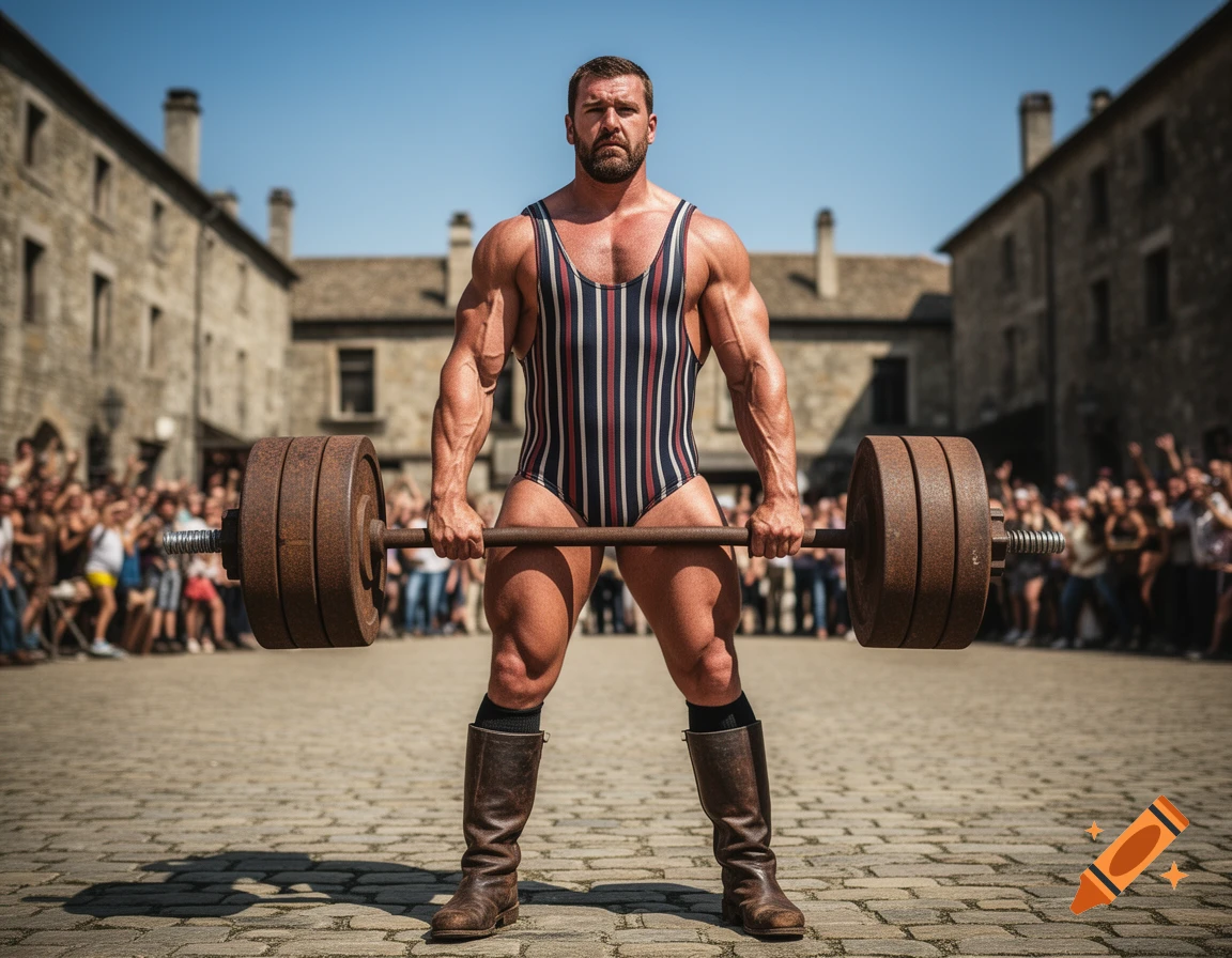A muscular strongman in a striped singlet and boots holds a heavy barbell in a cobblestone courtyard with a crowd watching.