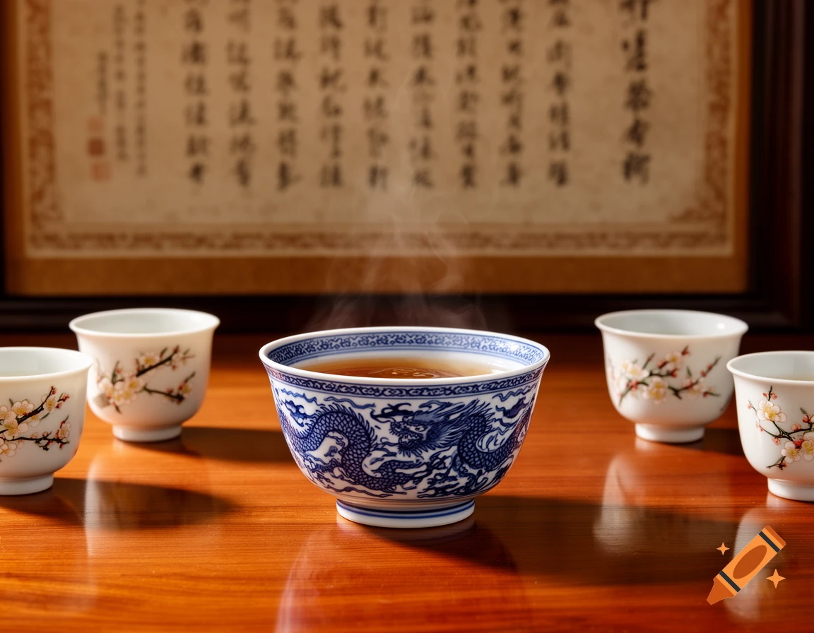 A steaming blue and white dragon-patterned tea bowl surrounded by white cups with cherry blossoms on a wooden table, blurred scroll background. Photorealistic.
