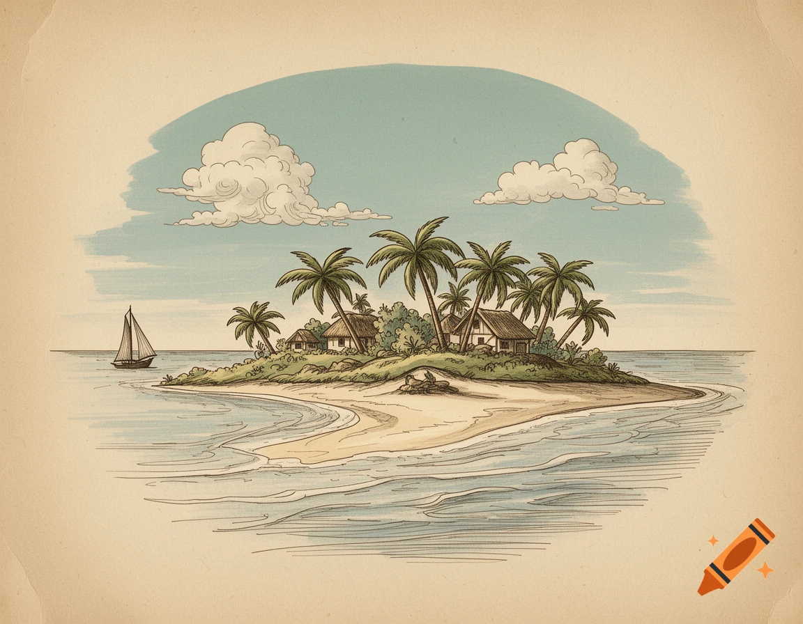 Vintage hand-drawn illustration of a tropical island with palm trees, huts, a sandy beach, and a sailboat on the ocean.