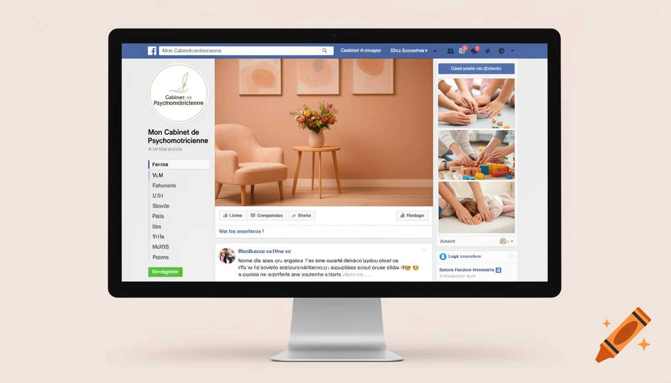 A photorealistic image of a computer monitor displaying a Facebook-like page with an interior design photo and smaller images of children playing.