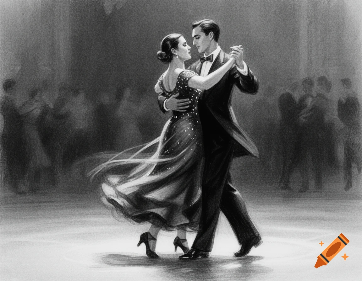Elegant black and white drawing of a couple dancing a milonga or tango on a spotlighted floor with blurred figures in the background.