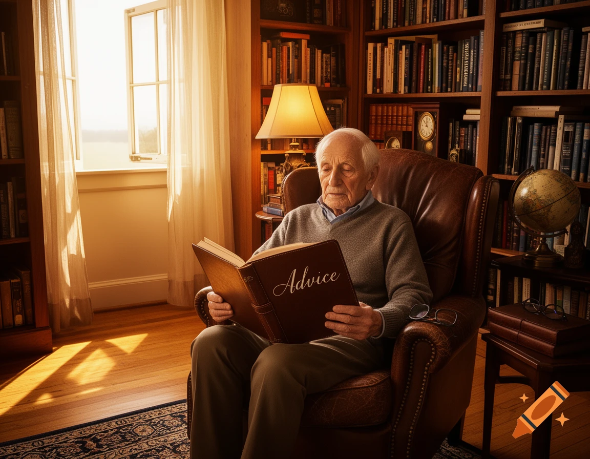Elderly man in a cozy library armchair reads a book titled "Advice," with warm sunlight and bookshelves in the background.