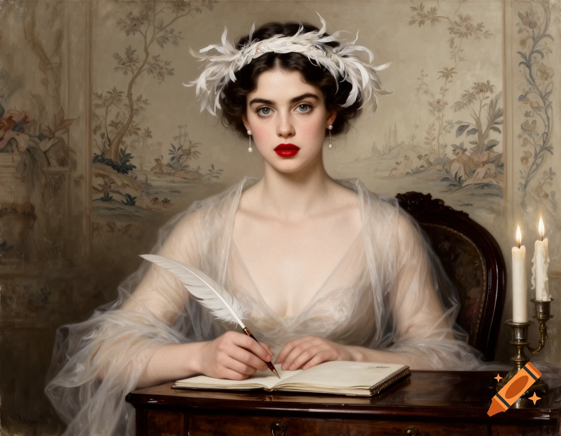 Oil painting of a young woman with a feathered hairband, red lips, and sheer gown, writing with a quill pen at a desk by candlelight.