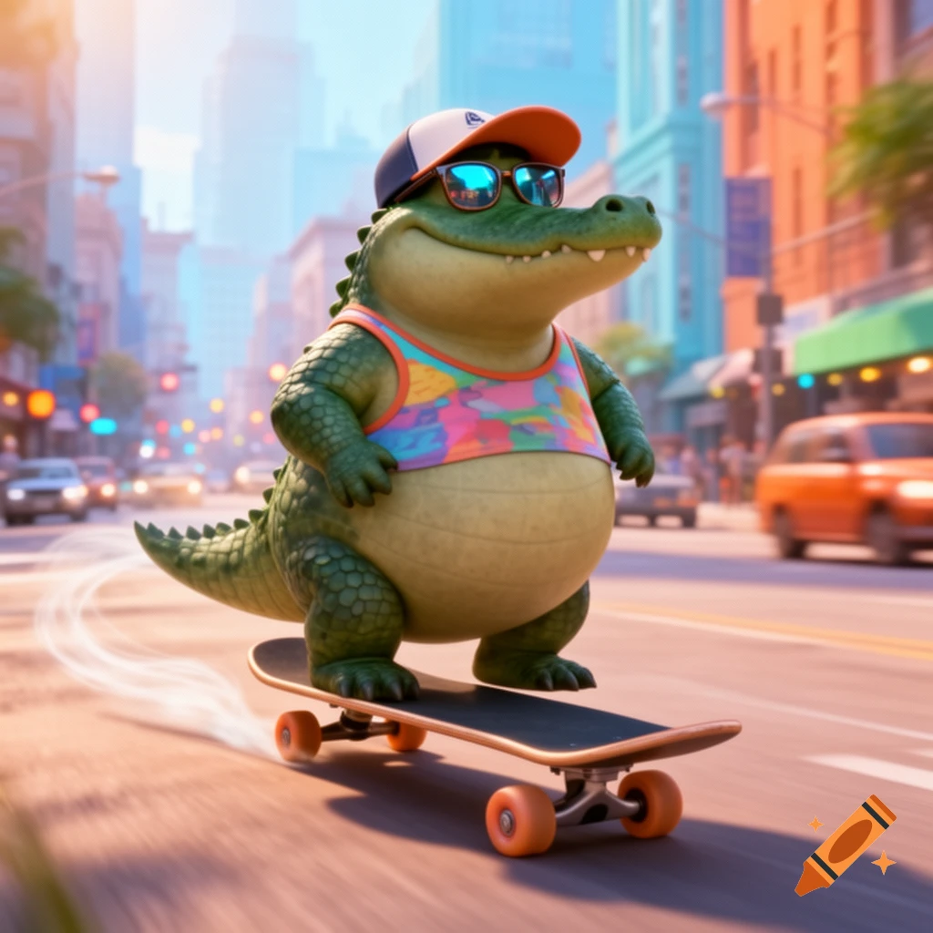 A husky cartoon alligator in Pixar style wears a tank top, sunglasses, and a baseball hat while skateboarding down a busy city street.