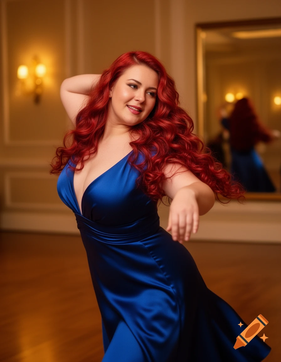 Photorealistic image of a full-figured redhead woman in a flowing blue silk dress dancing gracefully in a well-lit room.