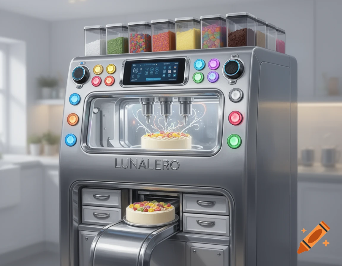 A futuristic silver cake-making machine with colorful buttons, a digital display, and ingredient containers, dispensing a cake.