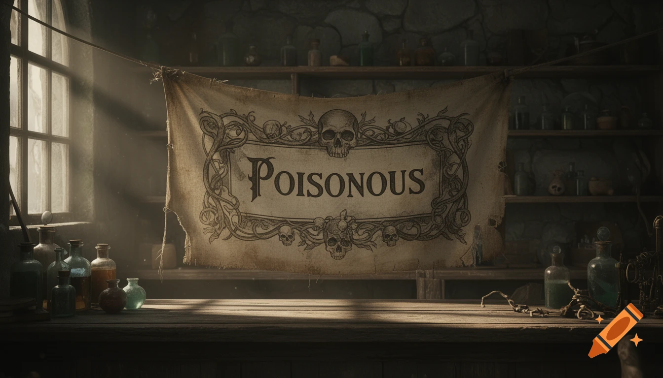 A dark, atmospheric apothecary or witch's lab featuring a worn banner with 'POISONOUS' and skulls, surrounded by old bottles and dim light.