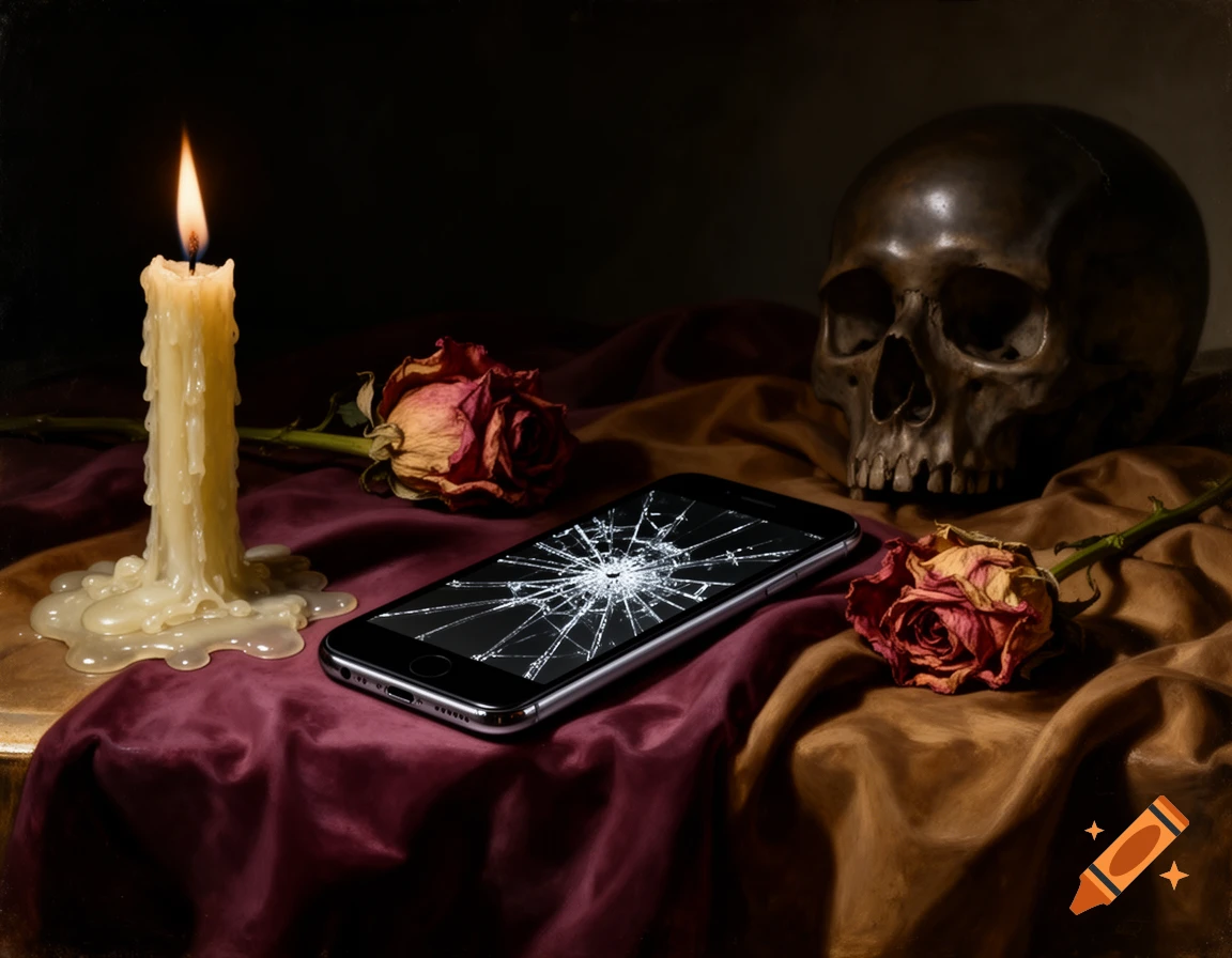 A photorealistic Baroque still life painting features a broken smartphone, a skull, a melting candle, and withered roses on draped fabric.