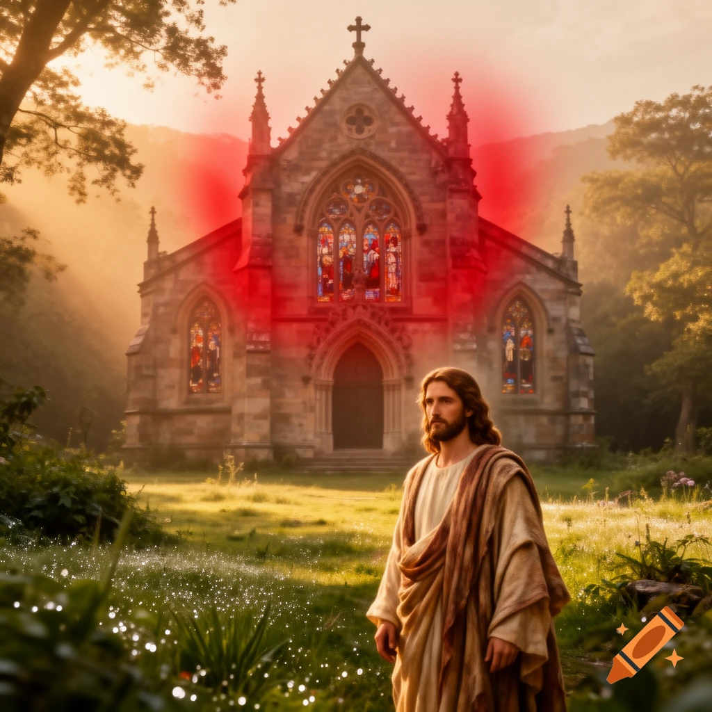 Jesus stands in a dewy, sunlit meadow before a stone church with red glowing windows, looking contemplatively to the side.