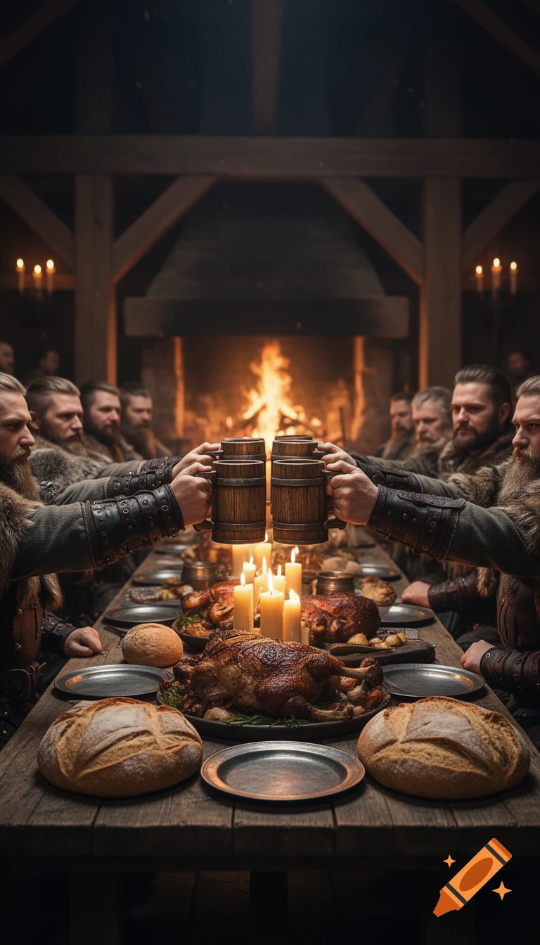 Rugged men in a dimly lit medieval hall toast with wooden mugs at a long table laden with roasted meats and bread.