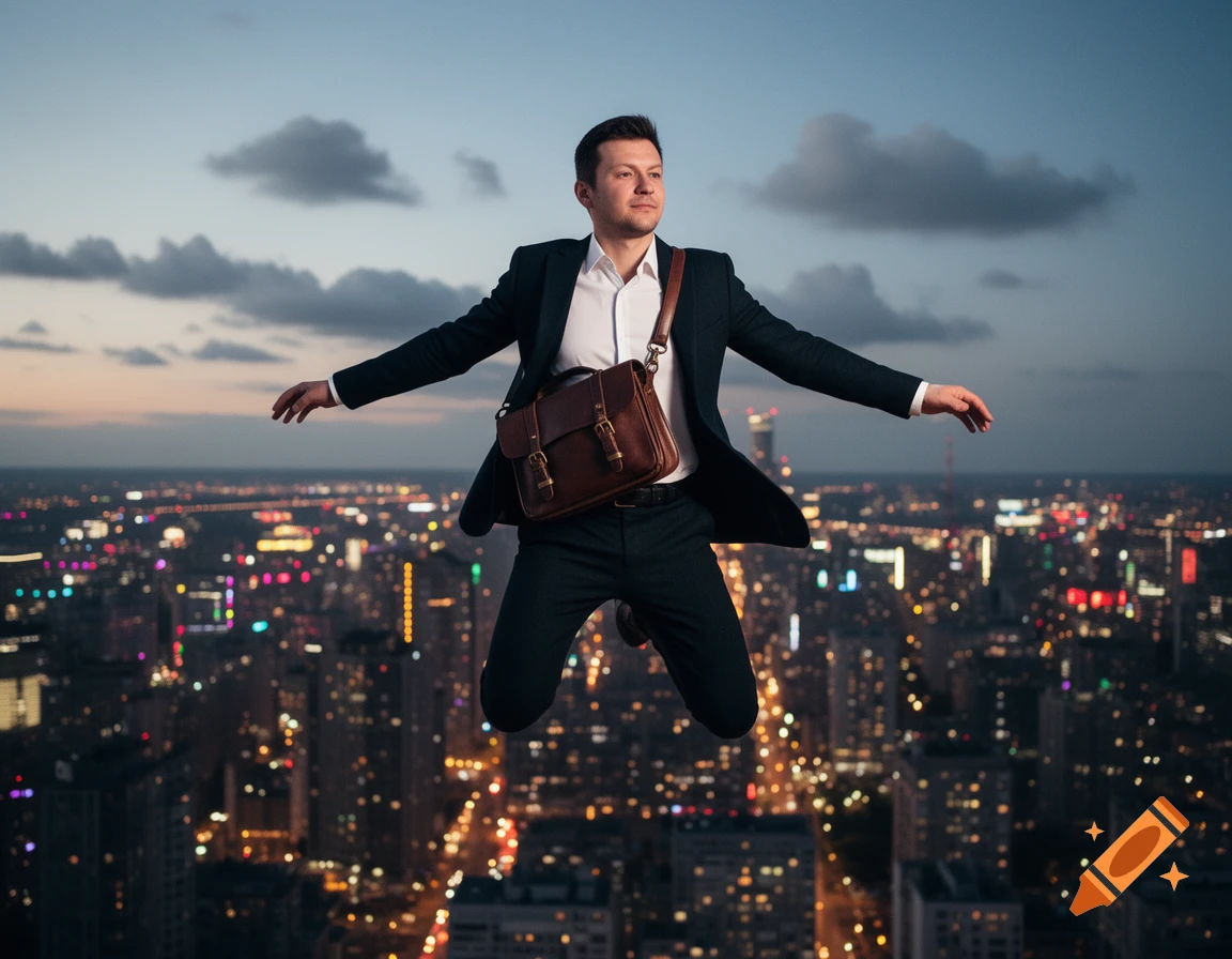 A businessman with a shoulder bag floats above a city skyline at dusk, arms outstretched.
