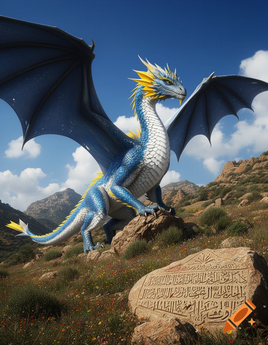 A majestic blue, white, and yellow dragon with large wings stands on a rocky hill covered in flowers, with mountains in the background under a blue sky. A carved stone with illegible text sits in the foreground.