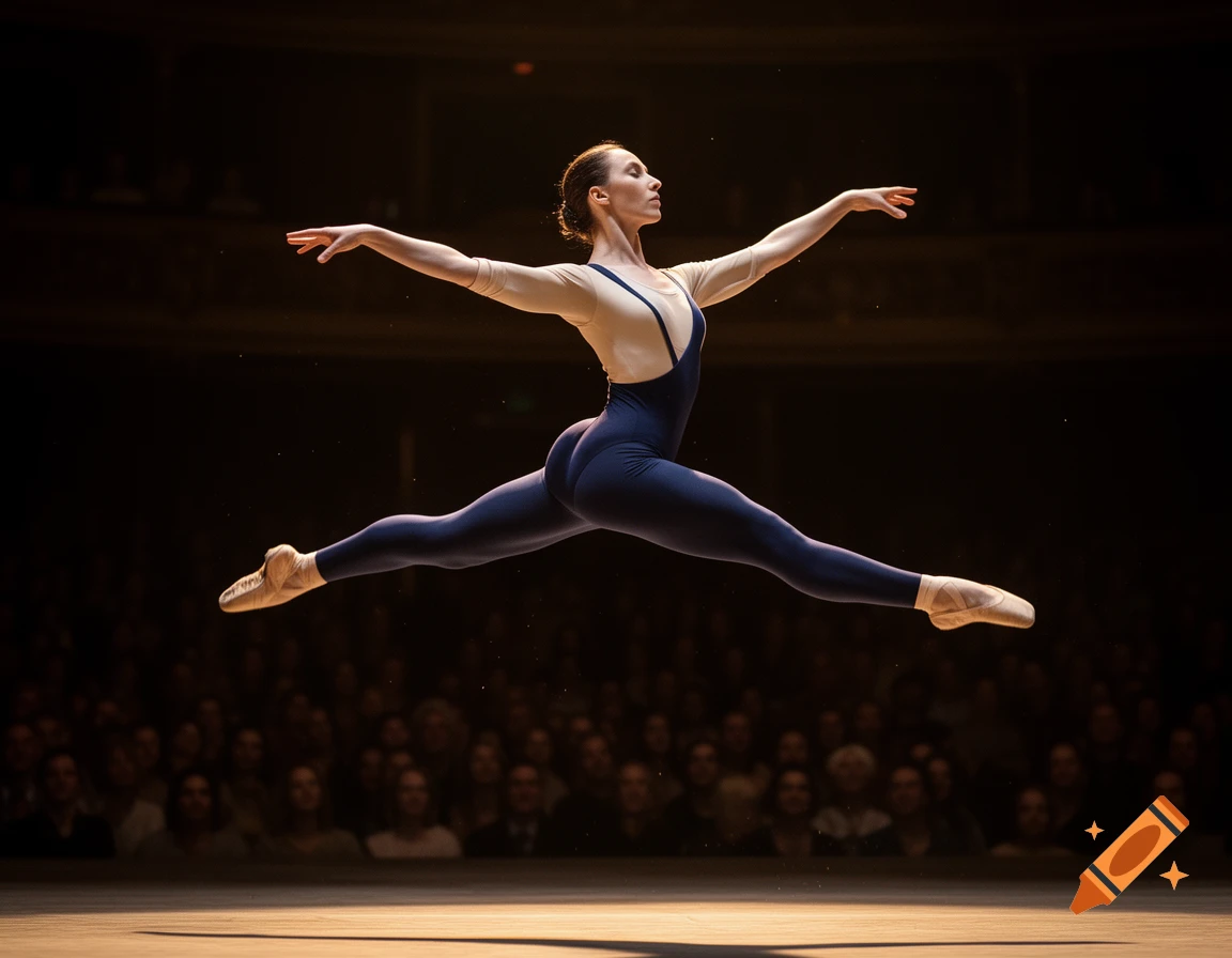 Photorealistic image of a female ballerina in a navy and beige leotard leaping mid-air on stage during a performance.