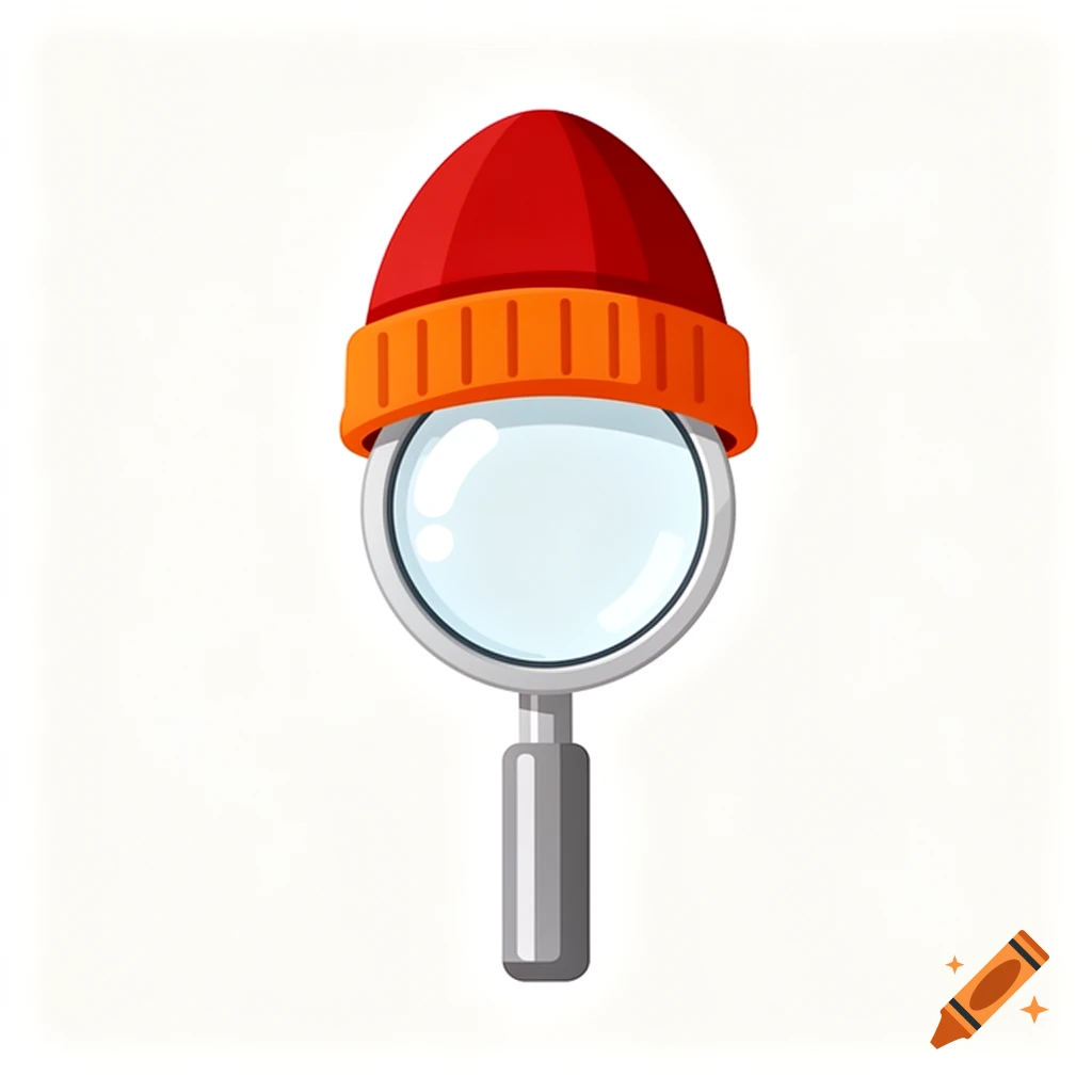 A stylized illustration of a magnifying glass wearing a red and orange beanie, on a white background.